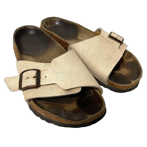 BIRKENSTOCK Birki’s Madrid Big Buckle Vegan Eggshell Canvas Sandals 8 - Picture 1 of 12